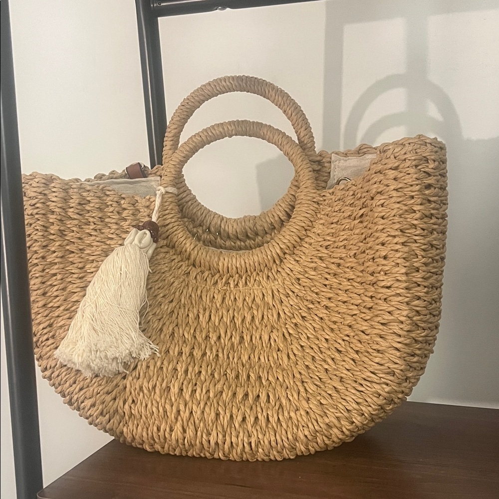 H&M Natural Woven Tote with Cream Tassel